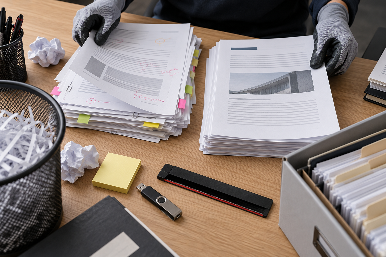Gloved hands removing duplicate and draft tender documents