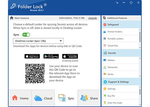 Folder Lock cloud synchronization interface