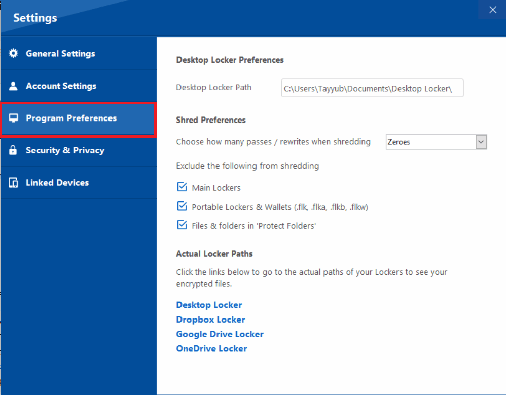 Folder Lock program preferences screen
