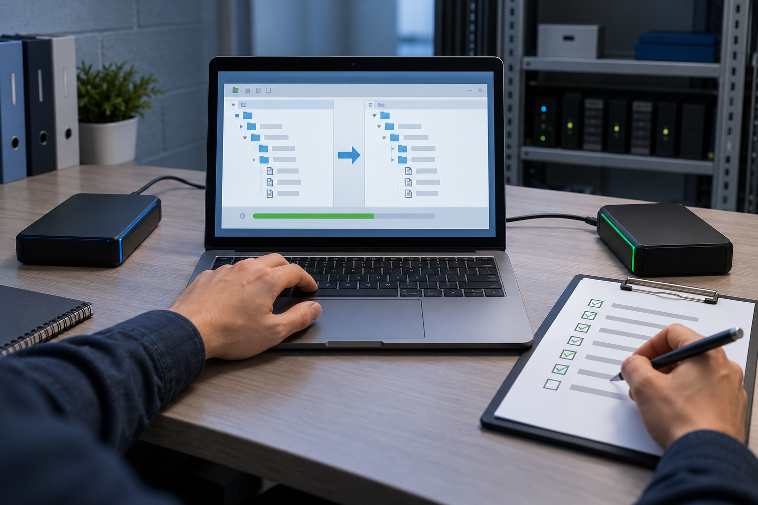 Hands verifying a bid archive restoration between separate drives